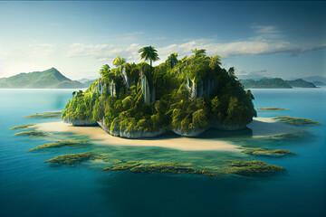 Illustration of a beautiful uninhabitated topical island. Generative AI.