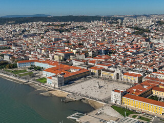 Fototapeta na wymiar Commerce Square in Lisbon, Portugal. Palace Yard, Royal Palace of Ribeira. Drone Point of View