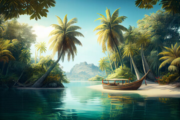Obraz na płótnie Canvas Illustration of a beautiful uninhabitated topical island. Generative AI.