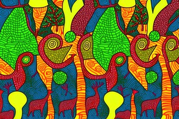 Background pattern in gond style, repetitive, bright, concept of Geometric Shapes and Bold Colors, created with Generative AI technology