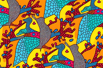 Background pattern in gond style repetitive, bright, concept of Geometric Shapes and Bold Colors, created with Generative AI technology