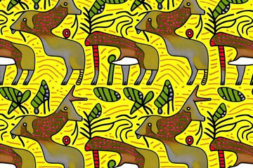 Background pattern in gond style repetitive, bright, concept of Geometric Shapes and Bold Colors, created with Generative AI technology