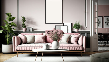 Mockup poster frame in modern home interior with pink accent, generative ai