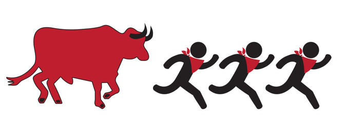 Spanish people run away from the bull at the san fermín festival vector pictogram isolated