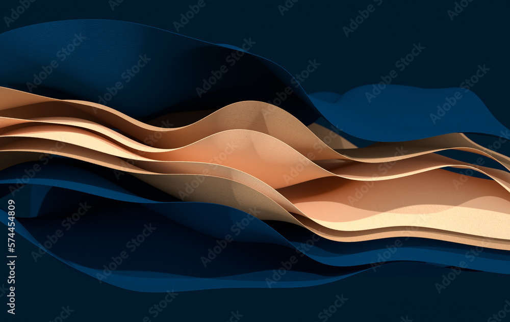 Poster blue and beige paper or cotton fabric 3d rendering background with waves and curves. dynamic wallpap
