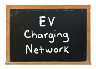 EV Charging Network written in white chalk on a black chalkboard isolated on white