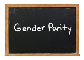 Gender parity written in white chalk on a black chalkboard isolated on white