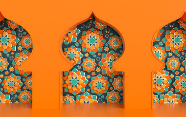 3d render mosque element in ornate arabic, Islamic architecture style interior. Colorful stars Ramadan Kareem. Muslim community festival.