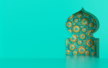 3d render mosque element in ornate arabic, Islamic architecture style interior. Colorful stars Ramadan Kareem. Muslim community festival.