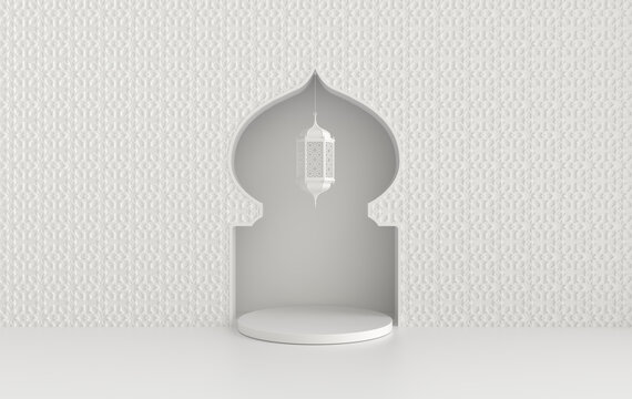 White lantern with candle, lamp with arabic decoration, window or door, podium. Ramadan kareem or eid al fitr adha celebration. 3d rendering interior