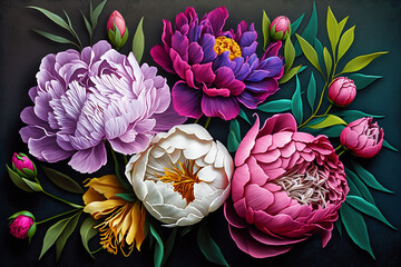 Peonies bright flat lay on green background. AI generated image