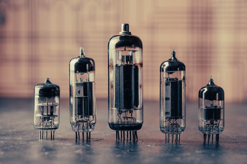 Old diode lamps of different sizes on a table, closeup. Several different vacuum tubes for old...