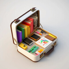 white travel bag with bronze accents with colorful books and drawing materials