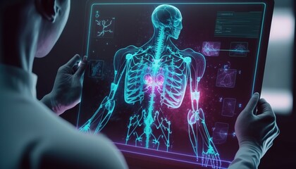 Futuristic biomedical concept of a doctor using advance holographic scanning a patient's body neuron pathology and diagnostic scan,x-ray