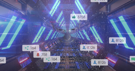 Image of media icons and binary coding over digital human and digital tunnel