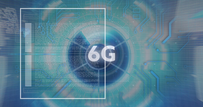 Image of data processing and 6g text over network of connections
