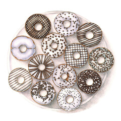 An isolated watercolor artistic hand drawn image of thirteen white donuts with chocolate decor on a round light plate,with a real watercolor paper texture for text design, labels and invitation cards