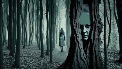 a woman walks lonely through the spooky forest