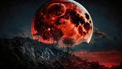 big blood moon wrapped in clouds, in a rocky landscape