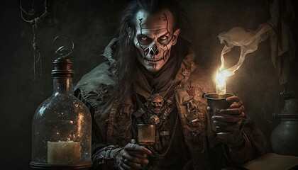 Obraz na płótnie Canvas necromancer performs his ritual, creepy face, halloween