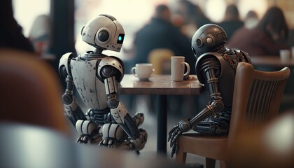 AI ROBOTOS DOING A MEETING IN A CAFE. Advanced futuristic a.i robots with humans.