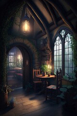 illustration, spectacular interior of a medieval fantasy house, ai generative