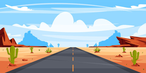 Vector illustration of a summer landscape with an asphalt road in the desert. Cartoon landscape with an asphalt highway in the middle of the desert with mountains, hills. - obrazy, fototapety, plakaty