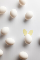Image of white easter eggs with bunny ears and copy space on white background