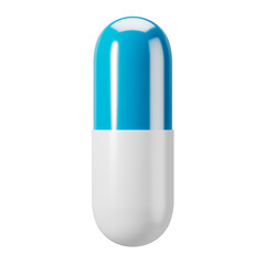 Capsule pill in white and blue colors isolated on white background. Medical drugs, pharmaceutical 3D rendering