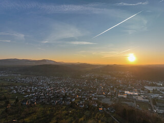 View about city Frickenhausen at sunset 