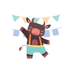 Cow with colorful flags. Charming character decorates room, prepares for party. Design element for invitation or greeting postcard. Holiday and festival, event. Cartoon flat vector illustration