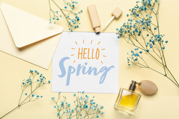 Card with text HELLO SPRING, cosmetics and gypsophila flowers on color background