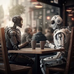 AI ROBOTOS DOING A MEETING IN A CAFE. Advanced futuristic a.i robots with humans.