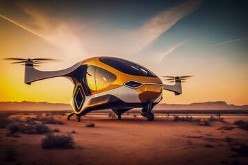Naklejka na ściany i meble Drone taxi flying between buildings in a desert, Future transportation technology