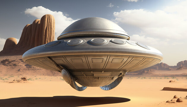 Flying saucer flies over highways and in the desert. Invasion of extraterrestrial intelligence on an intergalactic ship. Alien abduction. Created with Generative AI.