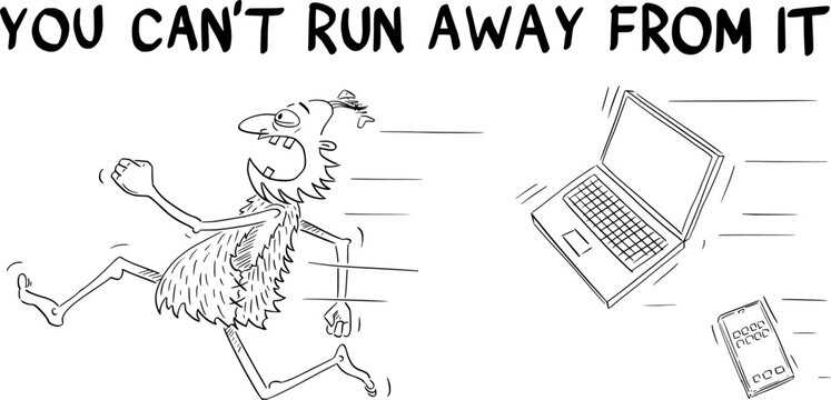 Business or Political Cartoon About Caveman and Computer Technology, Vector Illustration