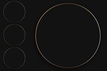 Luxurious black circles on a black and dark background. Rings, frame, template. blank. Beautiful golden luxury circles. Frame for text or photo
