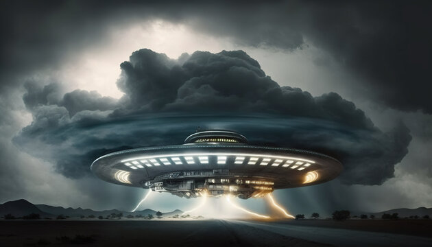 Flying saucer flies over highways and in the desert. Invasion of extraterrestrial intelligence on an intergalactic ship. Alien abduction. Created with Generative AI.