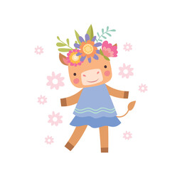 Cow with wreath. Cute character in blue dress and flowers on her head. Aesthetics and elegance, beauty. Symbol of spring and summer time of year. Flora and fauna. Cartoon flat vector illustration