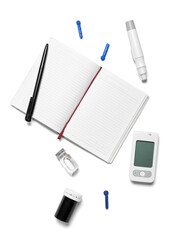 Blank notebook with medical supplies on white background. World Health Day