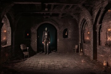 Obraz premium Haunted Old Abandoned Medieval Dungeon With Creepy Dungeonmaster at Night. Generative AI.