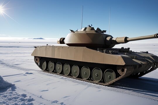 Tank Rolls Over Winter Snow Landscape. War in the Arctic. Generative AI.
