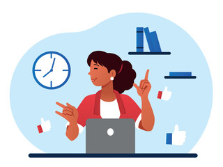 Work happiness concept. Woman dancing in workplace. Successful and hardworking employee or manager in office. Young girl in front of laptop. Passion and satisfaction. Cartoon flat vector illustration