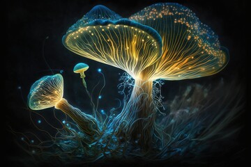 Magical Bio Luminescent Mushrooms. Generative AI.