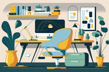 Home Office, Remote Work. Simple Flat Design With Colorful Organic Shapes. Generative AI.