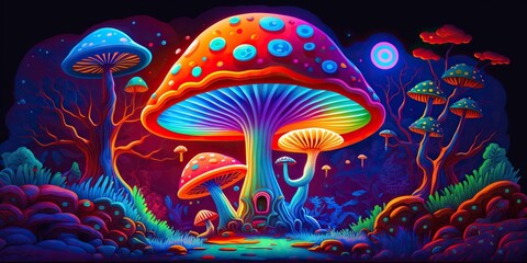 Psychedelic Mushroom Colorful Art Wallpaper Background Design. Generative AI.