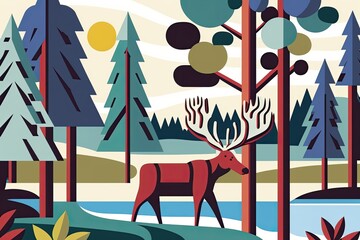 Norwegian Moose in the Forest. Simple Flat Design With Colorful Organic Shapes. Generative AI.