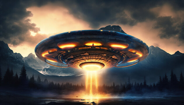 Flying saucer flies over highways and in the desert. Invasion of extraterrestrial intelligence on an intergalactic ship. Alien abduction. Created with Generative AI.