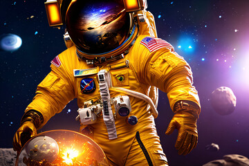 Fototapeta na wymiar Astronaut in futuristic space suit standing near golden treasures and wealth, representing the potential of space exploration and discovery. Created with generative AI