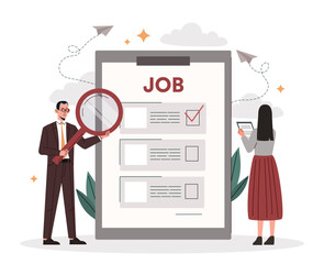 Concept of employment. Man and woman with magnifying glass evaluate candidates for vacancy, check resumes. Team of HR managers, recruitment to company, we hiring. Cartoon flat vector illustration